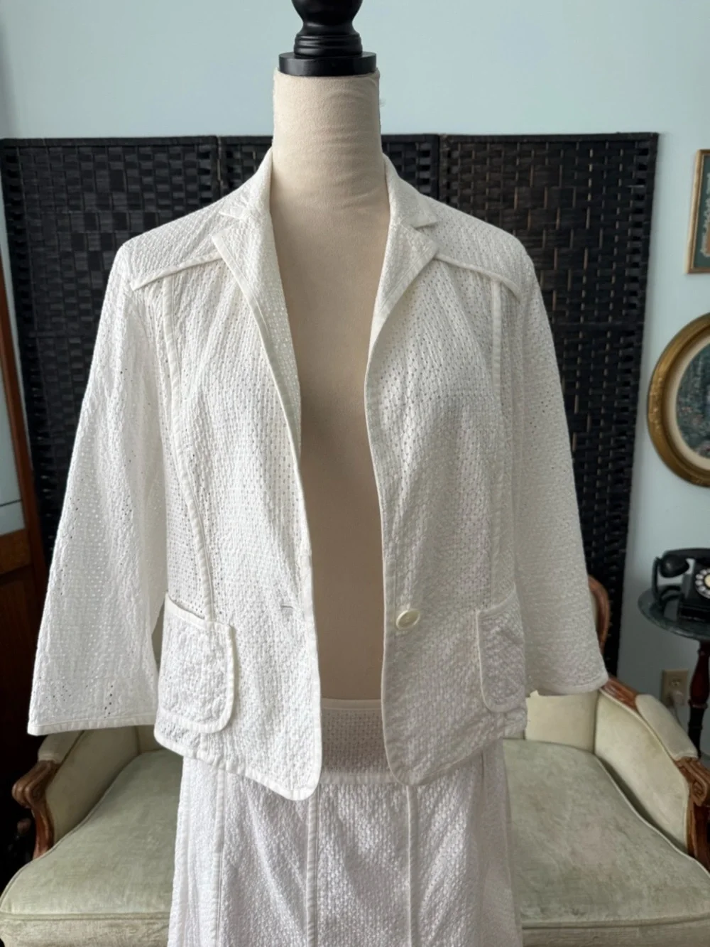 🤍 Vintage Nine West Ivory Eyelet 2PC Set Blazer & Skirt Cottage Chic - Picture 7 of 15